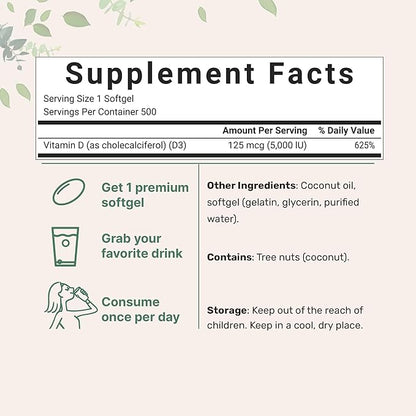 Micro Ingredients Vitamin D3 5,000 IU | 500 Softgels with Virgin Coconut Oil for Better Absorption | Vitamin D as Cholecalciferol | Supports Calcium Absorption, Bone, Immune, & Heart Health