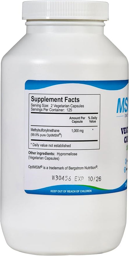 Kala Health MSMPure Vegetarian Capsules, 250 Count, Made with Organic Sulfur Crystals, 99.99% Pure Distilled MSM Supplement, 1,000 mg per Capsule, Made in USA