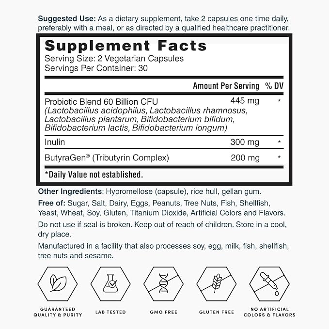 Nature's Lab Gold ProTotal - 60 Billion CFU Probiotic, Prebiotic, Postbiotic, Synbiotic - with Butyragen (Direct Butyrate Generator) 60 Ct