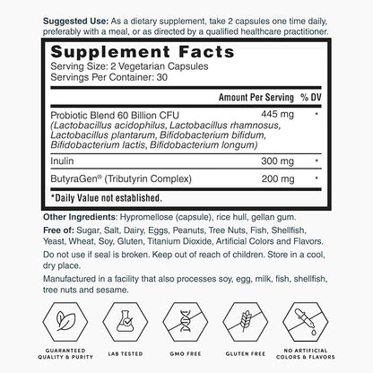 Nature's Lab Gold ProTotal - 60 Billion CFU Probiotic, Prebiotic, Postbiotic, Synbiotic - with Butyragen (Direct Butyrate Generator) 60 Ct