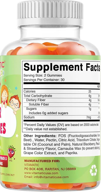 Vitamatic Kids Prebiotic Fiber Gummies – Extra Strength 4g Fiber – Zero Sugar Added – 60 Pectin-Based Gummies – Digestive Health & Regularity Support