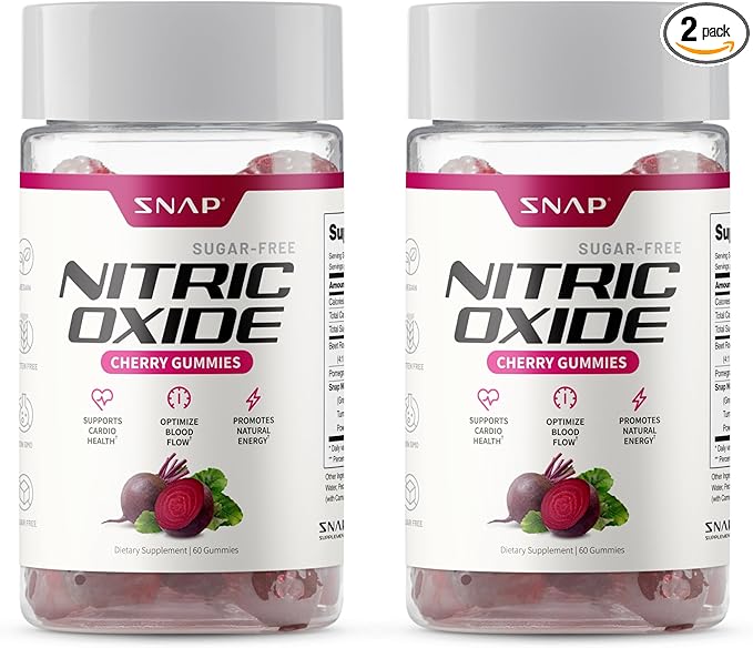 Snap Supplements Beet Root Gummies, Nitric Oxide Supplement w/Organic Beets, Vitamins, Pomegranate & Antioxidants for Energy, Heart Health & Circulation Support, 60 Sugar Free Gummies, 2 Pack, Cherry