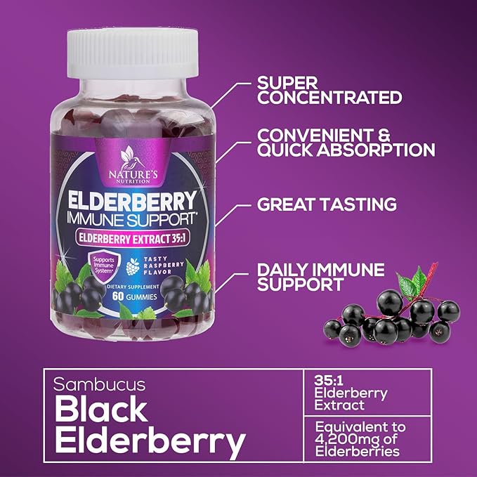 Sambucus Elderberry Immune Gummies - Daily Immune Support for Kids & Adults - Super Concentrated 35:1 Extract, Equivalent to 4200mg of Elderberries, Black Elder Berry Vitamin Supplement - 60 Gummies