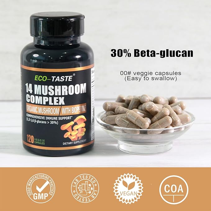 14 Mushrooms Supplement 120 Capsules - Immune System Booster & Nootropic Brain Supplement – with Lion’s Mane, Reishi, Maitake, Turkey Tail, Chaga Complex – Black Pepper for Absorption, 30% Beta-Glucan