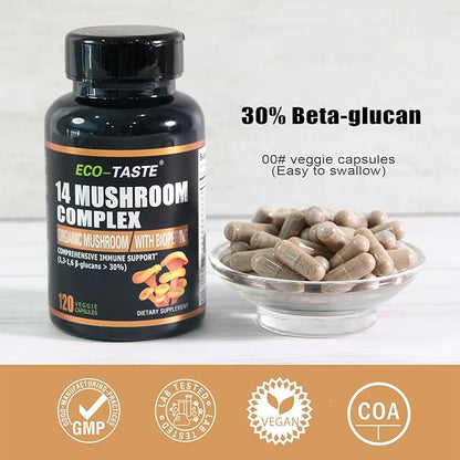 14 Mushrooms Supplement 120 Capsules - Immune System Booster & Nootropic Brain Supplement – with Lion’s Mane, Reishi, Maitake, Turkey Tail, Chaga Complex – Black Pepper for Absorption, 30% Beta-Glucan