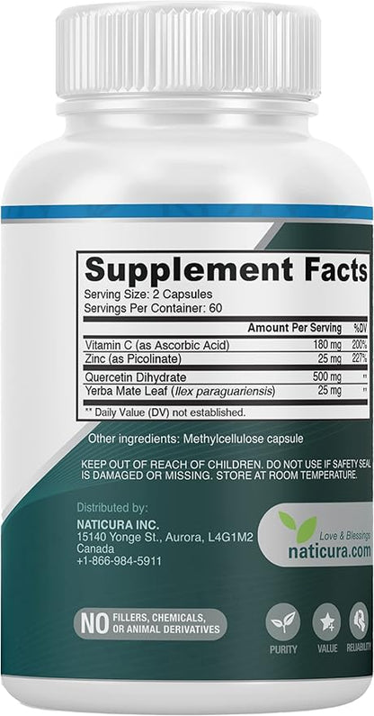 Zinc Quercetin with Vitamin C and Yerba Mate - 4-in-1 Nutritional Immune Support Supplement - 120 Veggie Capsules - Made in the USA