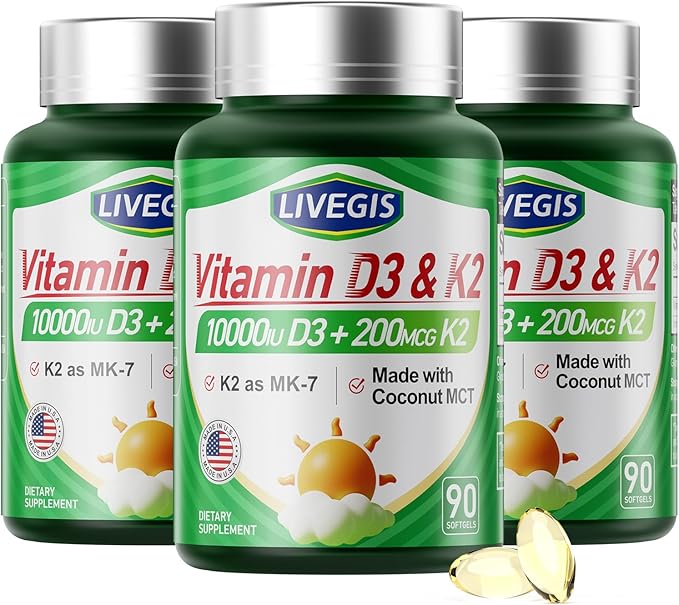 Vitamin D3 K2 Softgels, Vitamin D3 10000 IU with K2 (MK-7) 200 mcg with Coconut Oil Softgels, Easy to Swallow 2 in 1 Vitamins D & K Combo * 3 Packs (270 Counts)