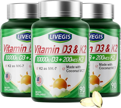 Vitamin D3 K2 Softgels, Vitamin D3 10000 IU with K2 (MK-7) 200 mcg with Coconut Oil Softgels, Easy to Swallow 2 in 1 Vitamins D & K Combo * 3 Packs (270 Counts)