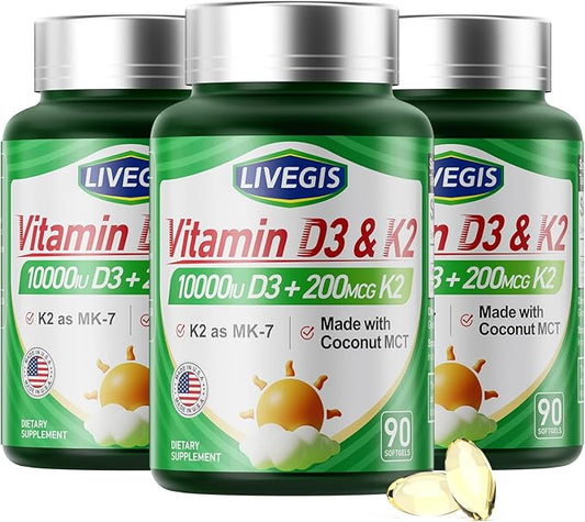 Vitamin D3 K2 Softgels, Vitamin D3 10000 IU with K2 (MK-7) 200 mcg with Coconut Oil Softgels, Easy to Swallow 2 in 1 Vitamins D & K Combo * 3 Packs (270 Counts)