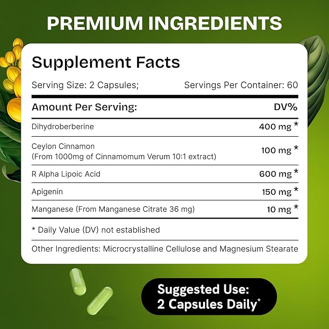 Dihydroberberine Supplement - Dehydro Berberine Organic - Super Berberine Supplement with Ceylon Cinnamon & R Alpha Lipoic Acid & Apigenin - Hydroberberine 120 caps (1 Pack)