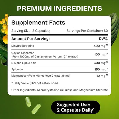 Dihydroberberine Supplement - Dehydro Berberine Organic - Super Berberine Supplement with Ceylon Cinnamon & R Alpha Lipoic Acid & Apigenin - Hydroberberine 120 caps (1 Pack)