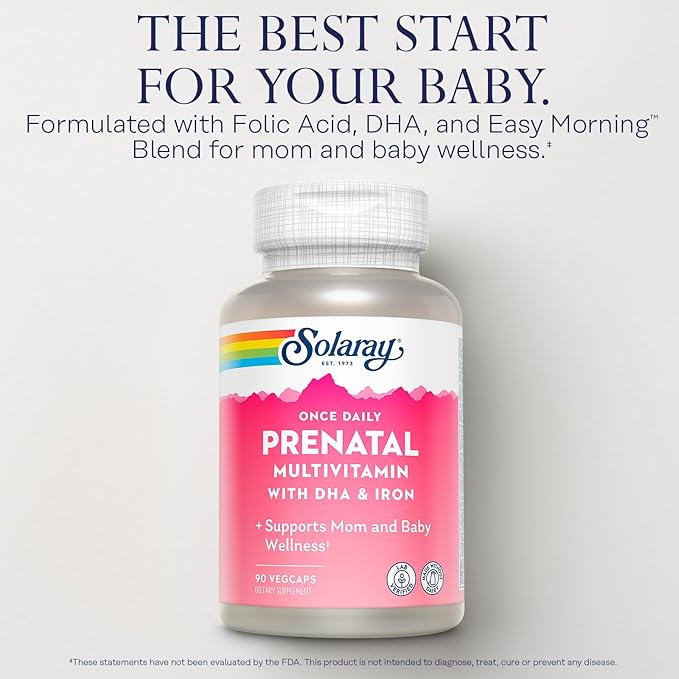 SOLARAY Once Daily Prenatal Multivitamin with DHA & Iron, Prenatal Vitamins and Minerals for Expectant Mothers, Easy Morning Herbal Blend & Whole Food Base, Lab Verified, 90 Servings, 90 VegCaps