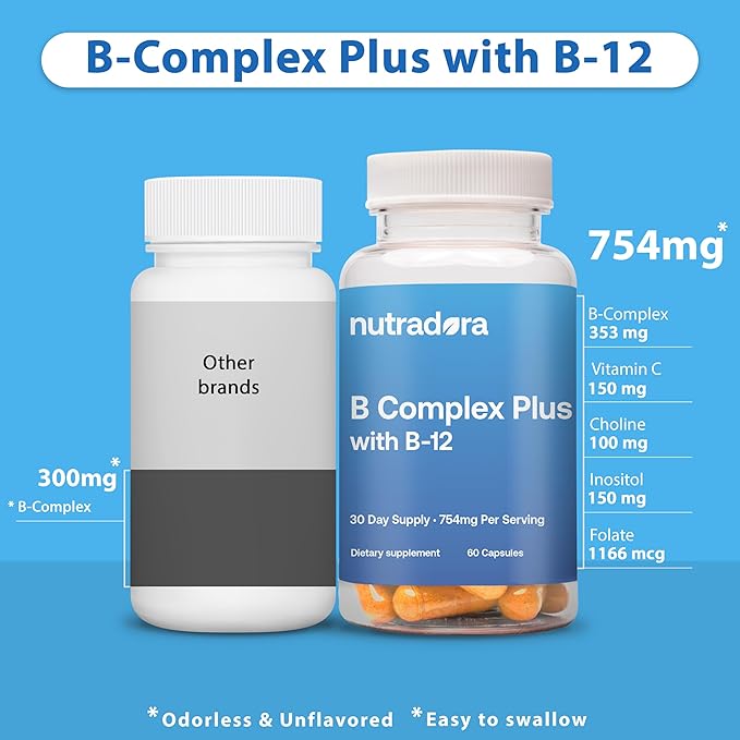 Vitamin B Complex with Vitamin C - B Complex Vitamins for Men and Women, 11-in-1 B-Complex for Brain & Energy Support, Immune & Nervous System Support - Non-GMO, 60 Vegetarian Capsules