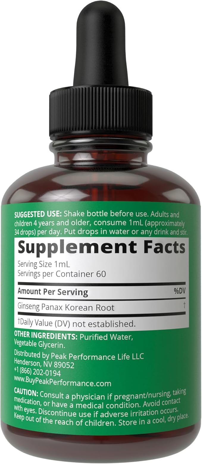 Korean Red Ginseng Liquid Drops with Pleasant Taste. from Panax Korean Root Extract for Energy, Stamina, Focus. Vegan Nootropic, Zero Sugar Oil Tincture Herbal Supplement for Men and Women