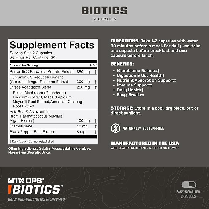 MTN OPS Biotics Daily Probiotic, Maca Root, Boswellia, Reishi Mushroom Capsules, Prebiotic with American Ginseng, 60 Capsules, 30 Servings