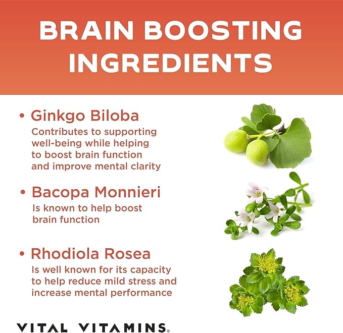 Vital Vitamins Brain Supplements for Memory and Focus – Nootropic Brain Booster with Bacopa Monnieri, Ginkgo Biloba, Rhodiola – Caffeine-Free Support for Adults & Seniors – 30-Day Supply, 30 Capsules