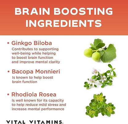 Vital Vitamins Brain Supplements for Memory and Focus – Nootropic Brain Booster with Bacopa Monnieri, Ginkgo Biloba, Rhodiola – Caffeine-Free Support for Adults & Seniors – 30-Day Supply, 30 Capsules