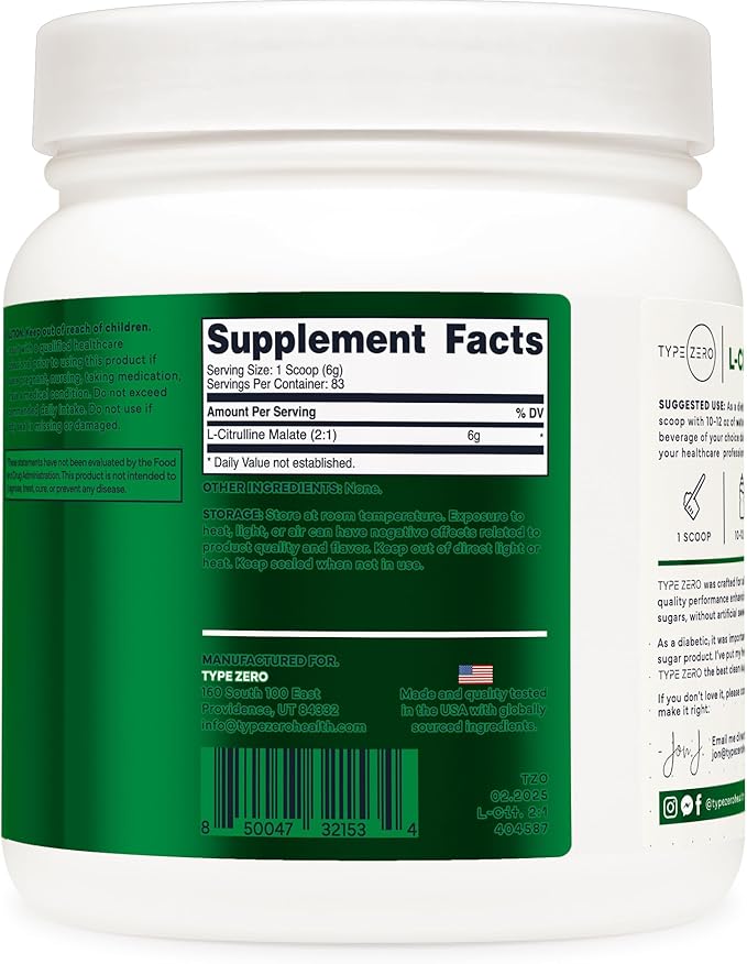 Type Zero Clean L-Citrulline Malate 2:1 Powder Drink Mix (500g, Unflavored) (83 Servings) - Keto Friendly, Gluten Free, Non-GMO