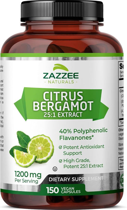 Zazzee Extra Strength Citrus Bergamot 25:1 Extract, 1200 mg per, 40% Polyphenolic Flavanones, 150 Vegan Capsules, Concentrated and Standardized 25X Potency, Non-GMO and All-Natural, Made in The USA