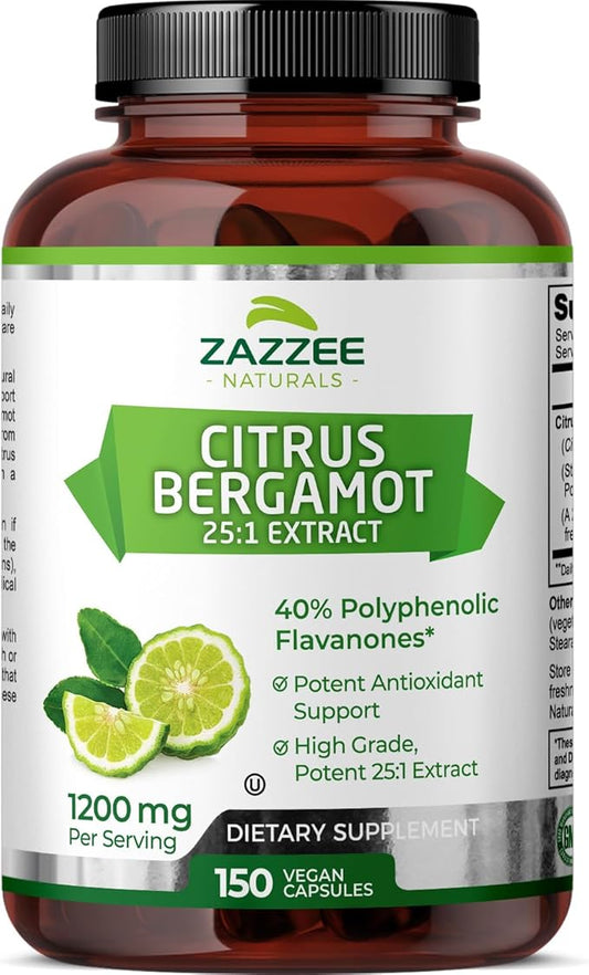 Zazzee Extra Strength Citrus Bergamot 25:1 Extract, 1200 mg per, 40% Polyphenolic Flavanones, 150 Vegan Capsules, Concentrated and Standardized 25X Potency, Non-GMO and All-Natural, Made in The USA