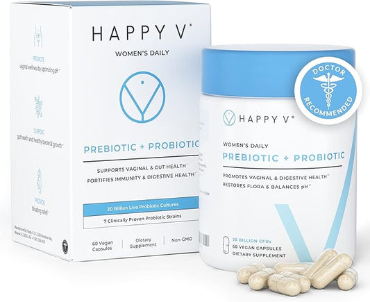 Happy v Dr. Formulated Vaginal Probiotics for Women Odor & Itch Support, Urinary & Gut Health, pH Balance | Womens Daily Probiotic with Patented Prebiotics & Lactobacillus for Feminine Wellness