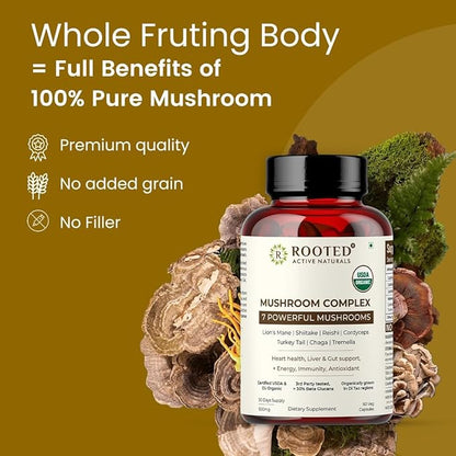 ROOTED Active's Mushroom Complex - Ayurveda Lions Mane, Reishi, Cordyceps, Chaga, Turkey Tail, Shiitake and Tremella - 1000 MG (60 Capsules, 30 Day Supply)