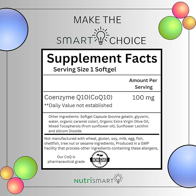 CoQ10 100 mg Coenzyme Q10 Supplement - 50 Softgels for Men and Women - Supports Cardiovascular & Vascular Health Heart Brain Memory & Cognition GMO Free Q10 Coenzyme
