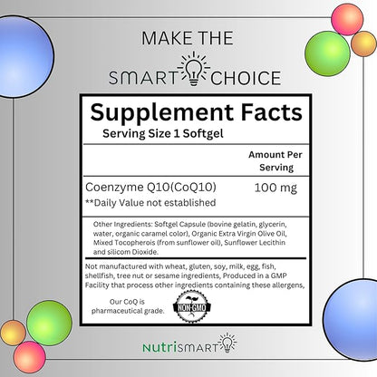CoQ10 100 mg Coenzyme Q10 Supplement - 50 Softgels for Men and Women - Supports Cardiovascular & Vascular Health Heart Brain Memory & Cognition GMO Free Q10 Coenzyme