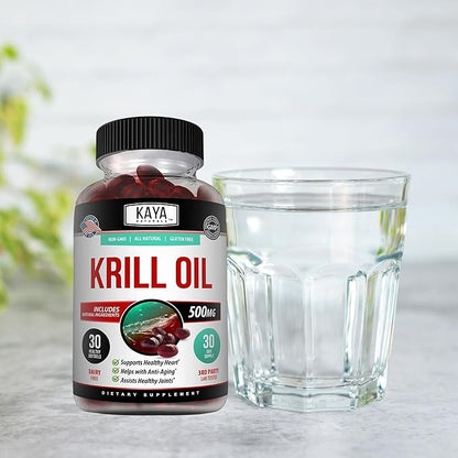 Kaya Naturals - Antarctic Krill Oil 500mg with Omega 3, EPA, DHA, Phospholipids & Astaxanthin Supplement - Brain & Health Vitamin - Anti Aging Supplement - 30 Count Softgels