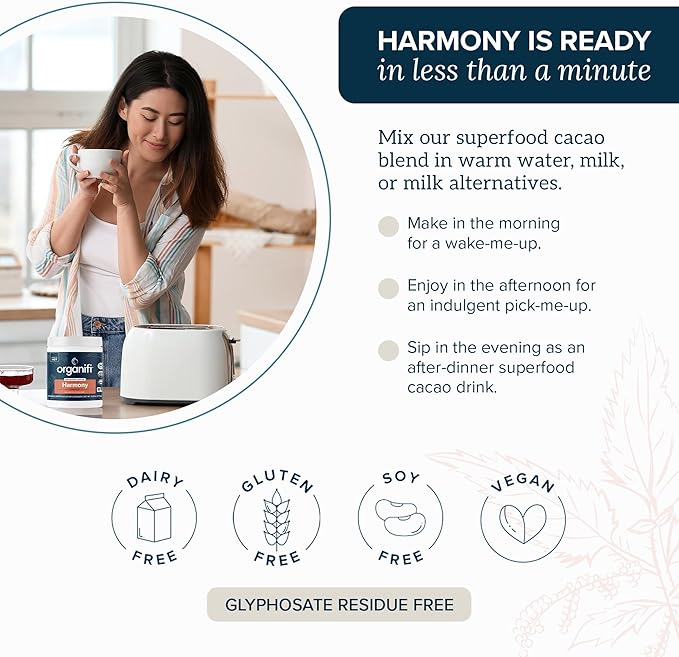 Organifi Harmony - Hormone Support - Eases PMS Symptoms - Energizes You - Regulates Menstrual Cycle - Best Served Hot - Gluten Free and Vegan Cacao Powder, 30 Servings