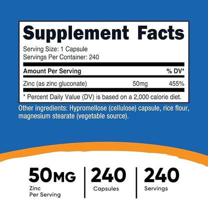 Nutricost Zinc Gluconate 240 Vegetarian Capsules (50mg) - Gluten Free and Non-GMO