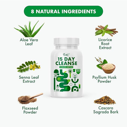 VHC 15 Day Cleanse,Colon Detox and Gut Health for Women and Men,Detox Supplement with Strength Senna Leaf,Cascara Sagrada & Psyllium Husk,Made in USA,Vegan, Non-GMO Ingredients,30 Capsule