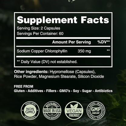 Benevolent Chlorophyll Capsules 350mg - 100% Natural + Ultra Chlorophyll 20x Potency Concentration for Energy Boost, Immune Support, Internal Deodorant, Skin Health, Non-GMO, 120 Capsules