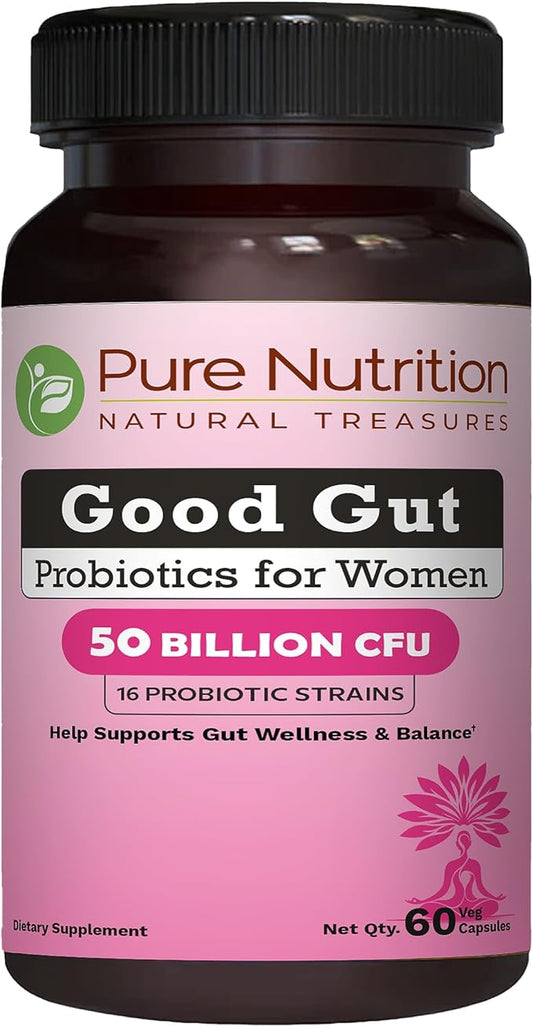 Pure Nutrition Good Gut Women's Probiotics 50 Billion CFU, 16 Strains | 60 Caps | Probiotics for Women with Organic Prebiotic Blend | Once Daily | Non GMO | Gluten Free