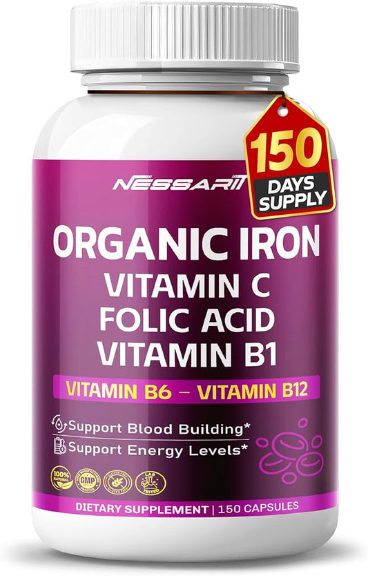 Organic Iron High Potency with Vitamin C, Folic Acid - High-Absorption Formula Vitamin B1, Vitamin B6, Vitamin B12 - Support Blood Building - 150 Count - Made & Tested in The USA