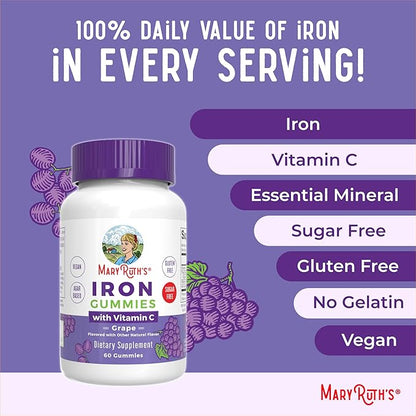MaryRuth's Iron Gummies for Ages 14+ | with Vitamin C for Absorption | Sugar Free | Gummy Iron Supplement + VIT C | Energy Metabolism | Cellular Health | Immune Support | Vegan | Non-GMO | 60 Count