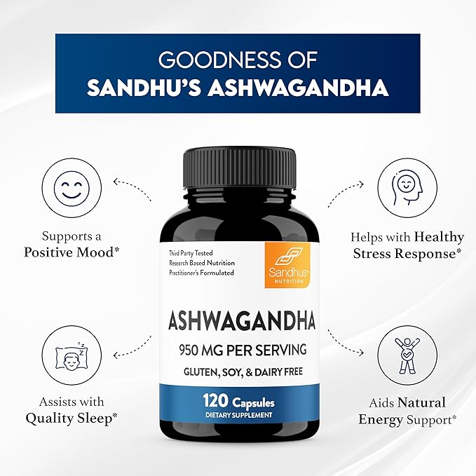 Sandhu's Ashwagandha Supplements for Men & Women | Extra Strength 950mg per Serving | Ashwagandha Root Extract Supports Quality Sleep, Focus & Positive Mood | 120 Capsules