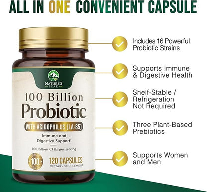Probiotics for Women's Digestive Health - 100 Billion CFU, 16 Strains with Prebiotics, Supports Immune, Gut Health, PH, Gas & Bloating, Best Probiotic for Women & Men, Shelf Stable - 120 Capsules