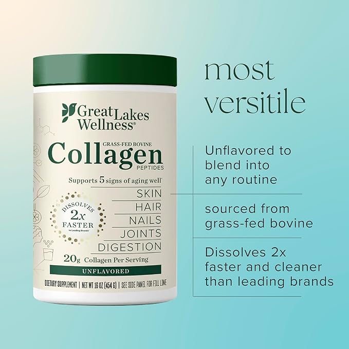 Great Lakes Wellness Bovine Collagen Peptides Powder for Skin, Hair, Nails, Joints & Digestion - Unflavored - Quick Dissolve Hydrolyzed, Wild Caught, MSC Certified, Non-GMO, Kosher - 32 oz