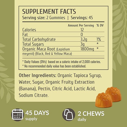 HERBAMAMA Maca Root Gummies - 1800mg Maca Root Extract for Energy Support - Vegan, Non-GMO Antioxidant Support Supplement - 90 Pectin-Based Banana-Flavored Chews
