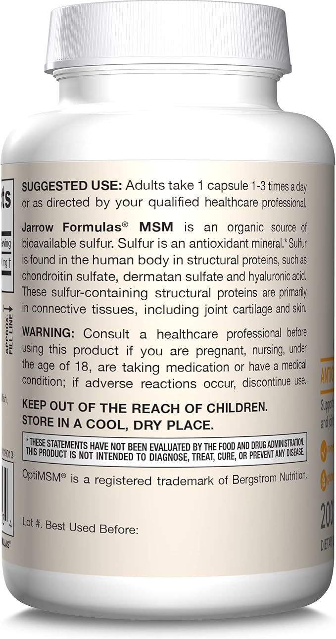 Jarrow Formulas® MSM Capsules, 1,000 mg, Methylsulfonylmethane, Joint Health Support, 200 Capsules, Up To 200 Servings