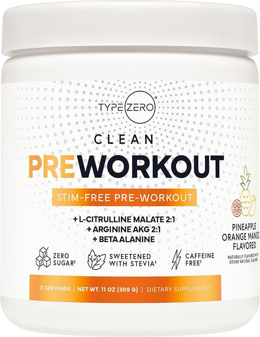 Type Zero Ultra Clean Stim Free Pump Pre Workout (Pineapple Orange Mango) Beetroot, Arginine, Citrulline Malate, Betaine, Beta A, ACV+ Sugar/Caffeine Free Non Stim Preworkout Men & Women