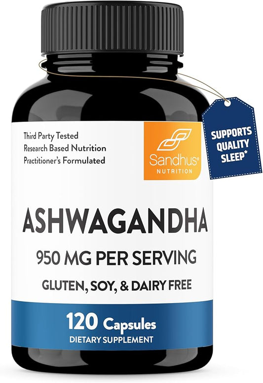 Sandhu's Ashwagandha Supplements for Men & Women | Extra Strength 950mg per Serving | Ashwagandha Root Extract Supports Quality Sleep, Focus & Positive Mood | 120 Capsules