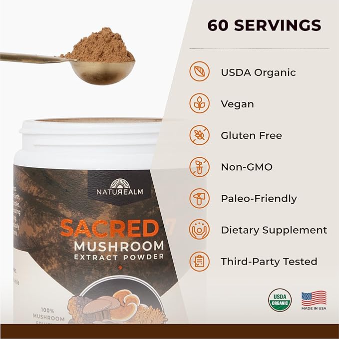 Sacred 7 Mushroom Coffee Booster | Organic Mushroom Supplement Powder – Lions Mane, Reishi, Chaga & More | Adaptogen + Nootropic | 100% Fruiting Bodies | Mix with Coffee,Tea, Smoothies - 60 Servings