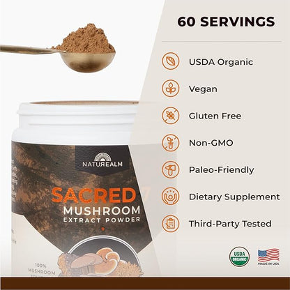 Sacred 7 Mushroom Coffee Booster | Organic Mushroom Supplement Powder – Lions Mane, Reishi, Chaga & More | Adaptogen + Nootropic | 100% Fruiting Bodies | Mix with Coffee,Tea, Smoothies - 60 Servings