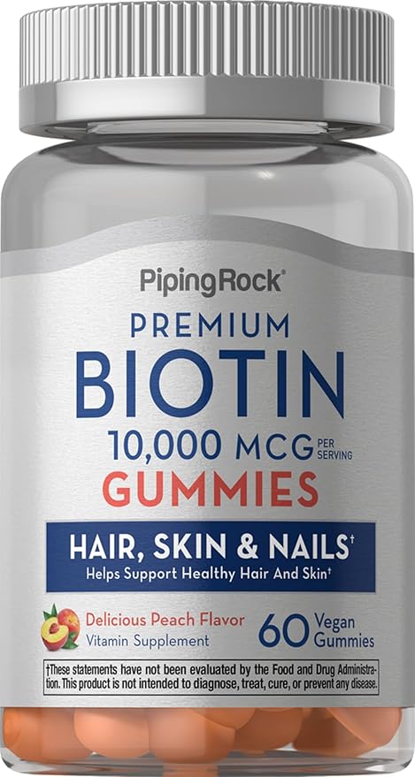 Piping Rock Biotin 10000mcg Gummies | 60 Count | Hair Skin and Nails | Vegan Formula | Peach Flavor | Premium Vitamin Supplement | Non-GMO, Gluten Free