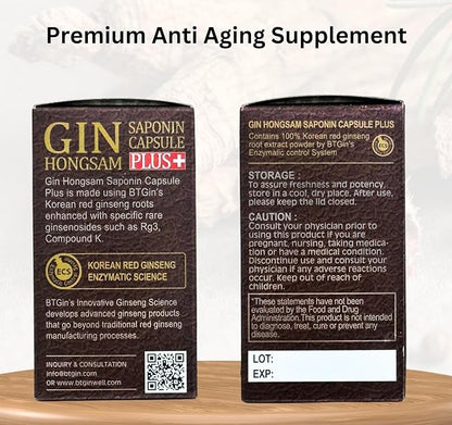 Korean Red Ginseng [Gin HONGSAM] 60 Capsules - Premium Anti Aging Supplements - Boost Energy | Immune | Memory for Women and Men 100% Red Ginseng