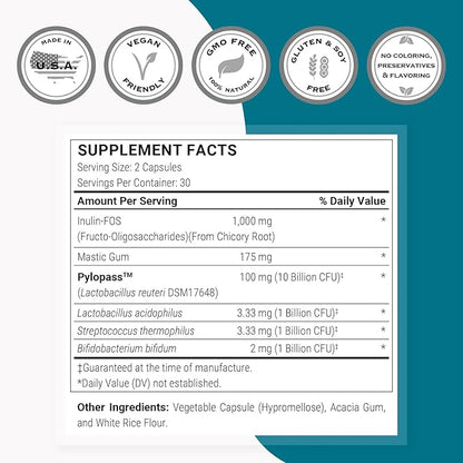 Supersmart H. Pylori Advanced Formula (Mastic Gum, Probiotics & Prebiotic) - Complete Action | Made in USA | Non-GMO & Gluten Free - 60 Vegetarian Capsules