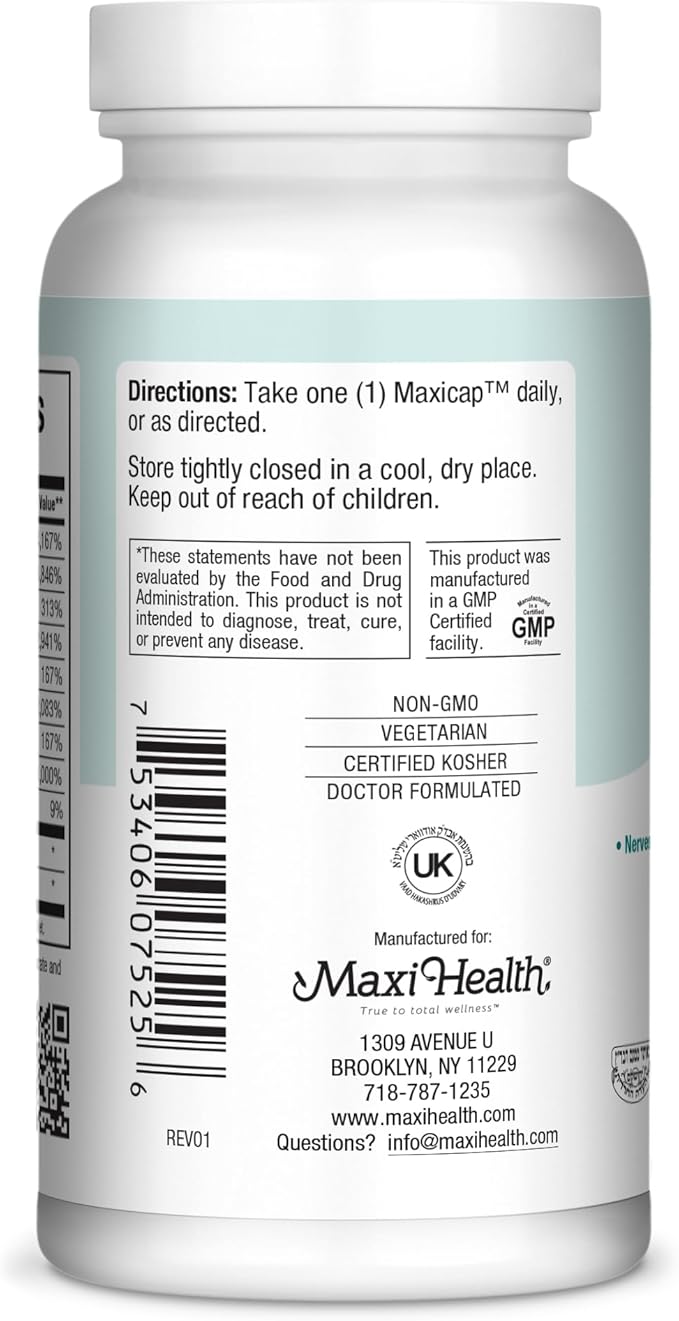 Maxi Health Stress Relief Vitamin B Complex for Women and Men, Vitamin B6, B12, Biotin, Inositol, Folate, Vegan, Gluten & Soy & Milk Free, Kosher, Unflavored, 100 Count