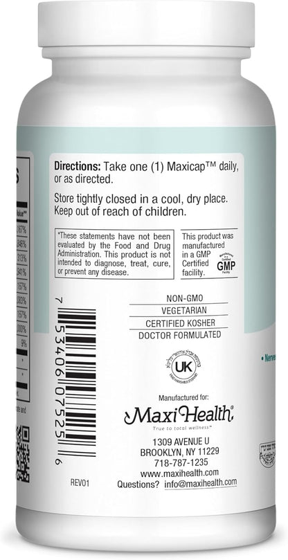 Maxi Health Stress Relief Vitamin B Complex for Women and Men, Vitamin B6, B12, Biotin, Inositol, Folate, Vegan, Gluten & Soy & Milk Free, Kosher, Unflavored, 100 Count